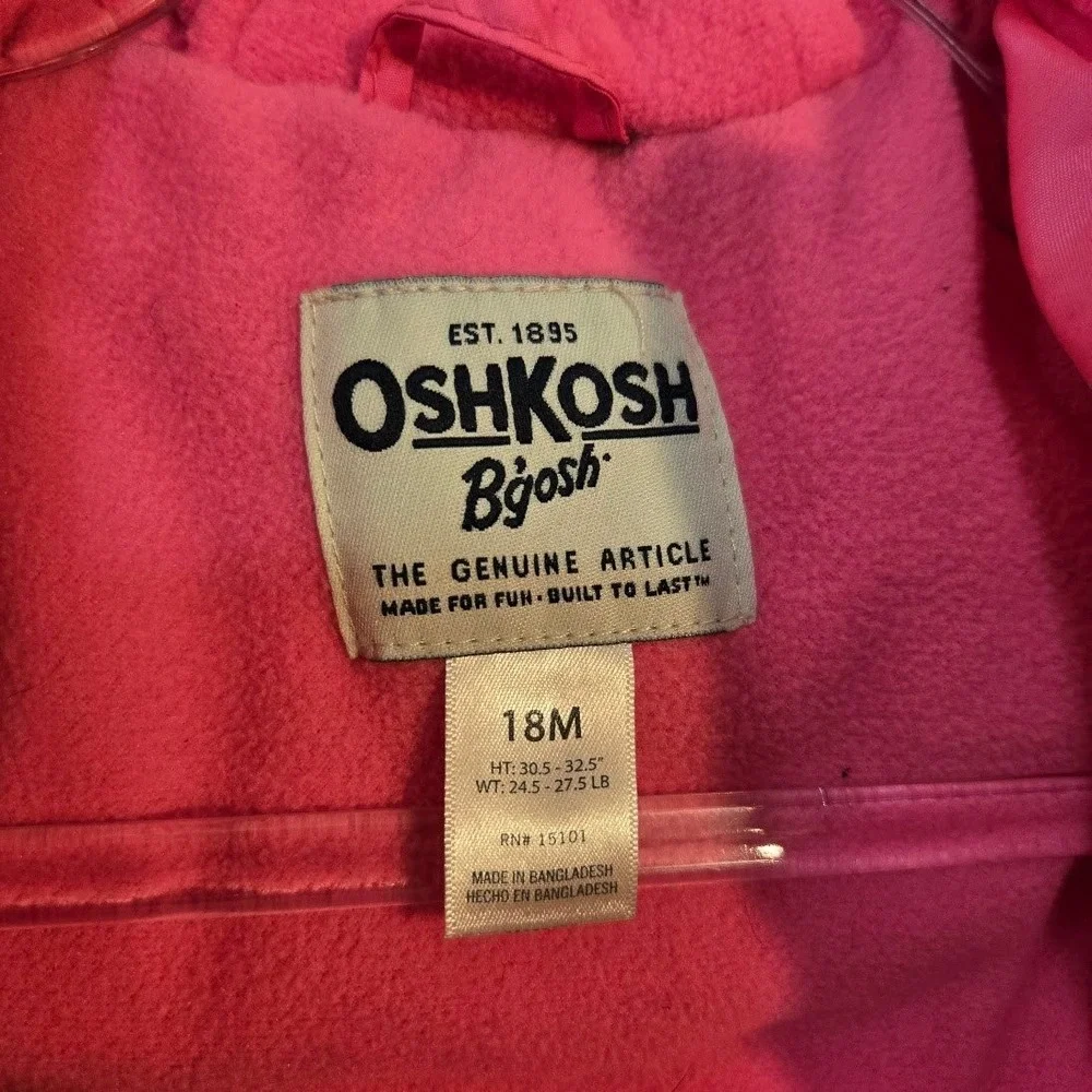 OshKosh B'gosh Girls Pink Puffer Jacket Faux Fur‎ Hood Fleece Lined 18M